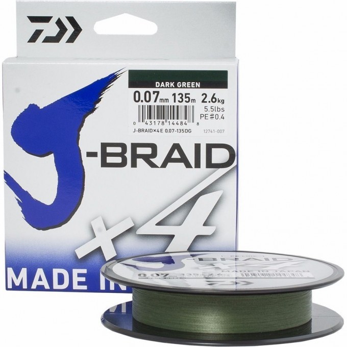 Шнур DAIWA J-Braid X4 0,07мм 135м Dark green 12741-007 Шнур DAIWA J-Braid X4 0,07мм 135м Dark green 12741-007