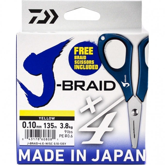 Шнур DAIWA J-Braid X4E-W/SC 0,10мм 135м желтый + ножницы 40002805 Шнур DAIWA J-Braid X4E-W/SC 0,10мм 135м желтый + ножницы 40002805