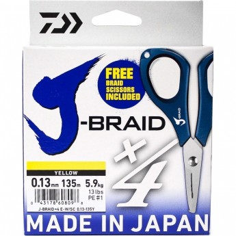 Шнур DAIWA J-Braid X4E-W/SC 0,13мм 135м желтый + ножницы Шнур DAIWA J-Braid X4E-W/SC 0,13мм 135м желтый + ножницы