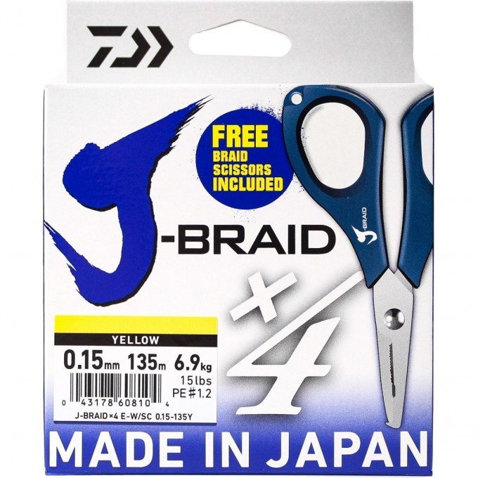 Шнур DAIWA J-Braid X4E-W/SC 0,15мм 135м желтый + ножницы 40002807 Шнур DAIWA J-Braid X4E-W/SC 0,15мм 135м желтый + ножницы 40002807