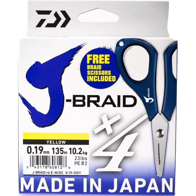 Шнур DAIWA J-Braid X4E-W/SC 0,19мм 135м желтый + ножницы 40002809 Шнур DAIWA J-Braid X4E-W/SC 0,19мм 135м желтый + ножницы 40002809