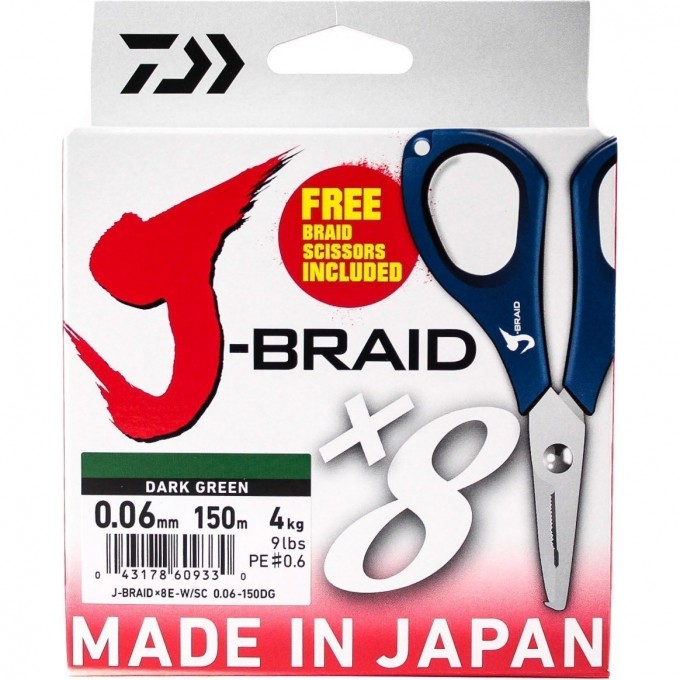 Шнур DAIWA J-Braid X8E-W/SC 0,06мм 150м dark green + ножницы 40002950 Шнур DAIWA J-Braid X8E-W/SC 0,06мм 150м dark green + ножницы 40002950